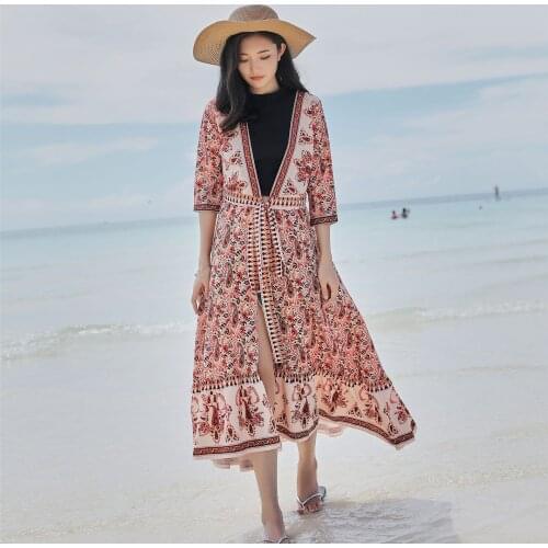 Vintage Bohemian Cross V neck Paisley Flower Print Front Slit Wrap Dress Ethnic Holiday Woman Sashes Waist Maxi Long Dresses