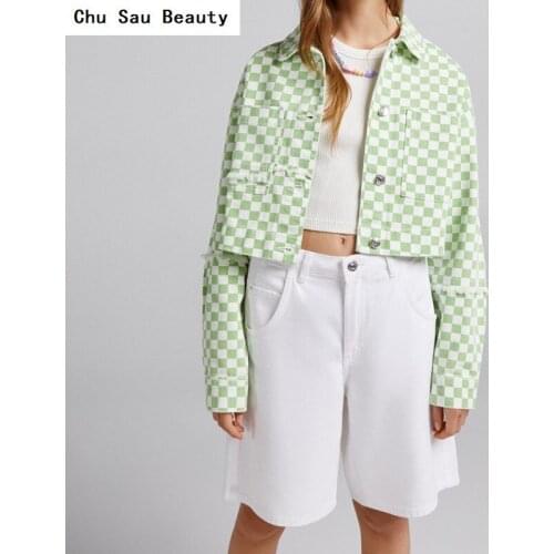 Chu Sau Beauty 2021 New Womens Green Check Cotton Denim Jacket Fall Fashion Retro Loose Lapel Cardigan Long Sleeve Short Coat