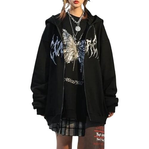 Womens Gothic Butterfly Graphic Hoodies Long Sleeve Zip Up Loose Pocket Sweatshirts Autumn Clothing