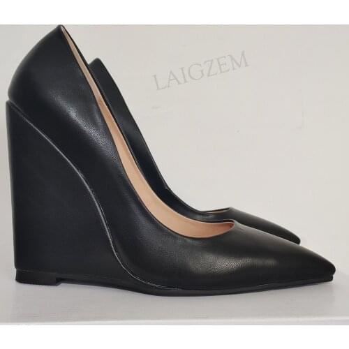 LAIGZEM Women Wedges Pumps Pointy Toe Slip On Faux Leather Black Sandals Ladies Dress Shoes Woman Zapatos Large Size 41 42 45 47