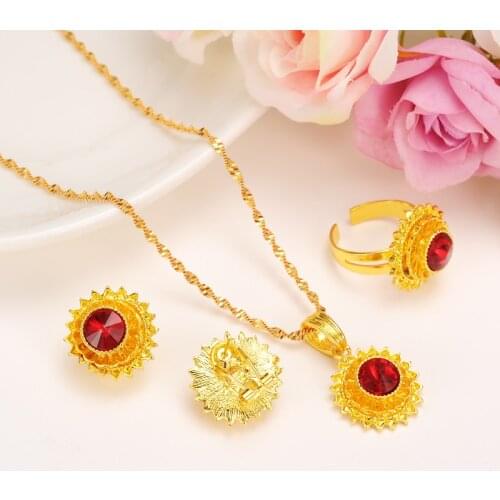 Bangrui small size women Ethiopian jewelry sets Gold Color rhinestone earrings/ring/pendant/chain jewelry sets
