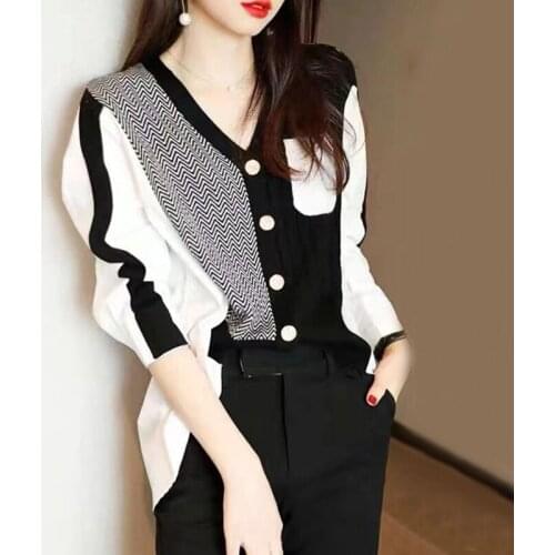 Fashion Patchwork Cardigans Women Sweater Contrast Irregular Autumn Knitted Shirt Chic Buttons Korean Loose Long Sleeve Tops