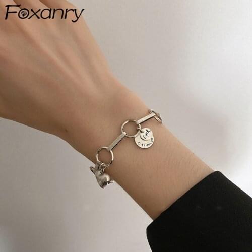 Foxanry 925 Sterling Silver Bracelet for Women New Punk Rock Vintage Couples Creative Thick Chain LOVE Heart Party Jewelry Gifts