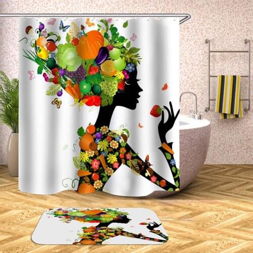 1PSC Waterproof Fruit Girl Shower Curtain Set Kit with Bath Mat Decor Home Bathroom Carpet Shower Curtains