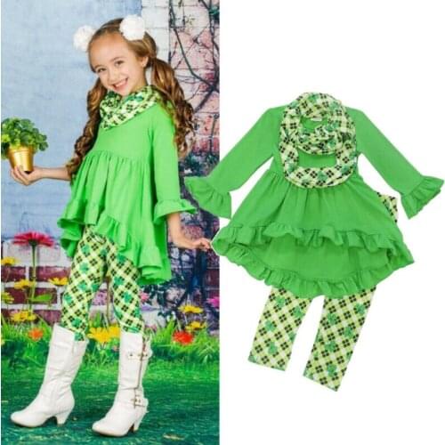 Citgeett Spring Green 3PCS Kids Baby Girl Clothes Long Sleeve Tops Dress+Clover Pants+Scarf Outfits Lucky Set