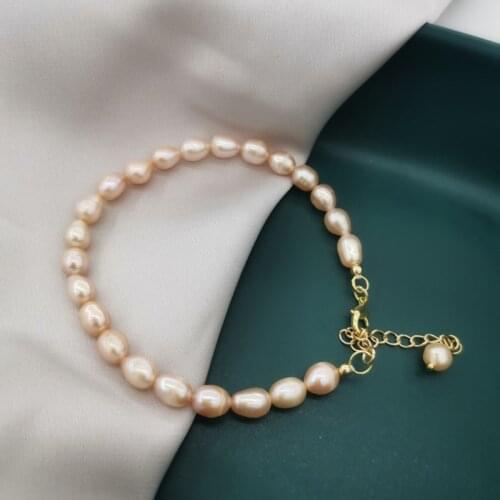 6mm Boho Natural Oval Freshwater Pearls Bracelet Beads 14K Gold Filled Adjustable Chain Hand Made Pink Pearl Customized For Girl