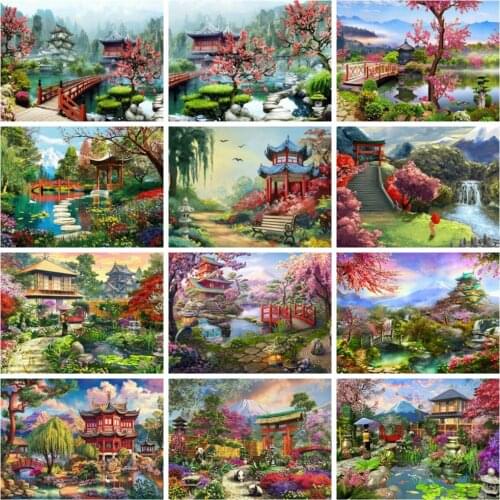 Huacan Diamond Painting Spring House Scenery Full Square Mosaic Cherry Blossoms Lake Landscape New Arrival Home Decor