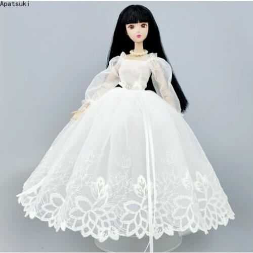 Pure White Handmade Princess Wedding Dress For Barbie Doll Clothes Outfits 1/6 Dolls Accessories Puff Sleeve Long Gown Kids Toys