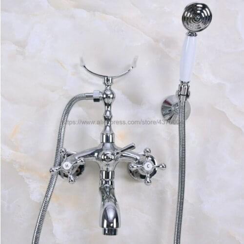 Bathroom Polished Chrome Clawfoot Bathtub Faucet Deck Mounted Double Handle Tub Faucet With Handheld Showers Nna230