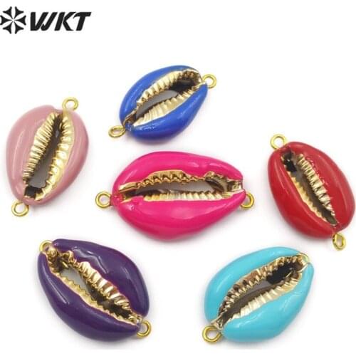 JP127 Colorful Cowrie With Double Hoops Connector Gold&Resin Oil Sea Shell Pendant For Women Bracelet Necklace Jewelry Making
