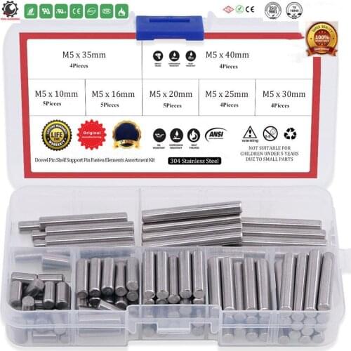 Dowel Pin 304 Stainless Steel Shelf Support Pin Fasten Elements Assortment Kit M5,Cylindrical Pins,Locating Pins Fixed Pins