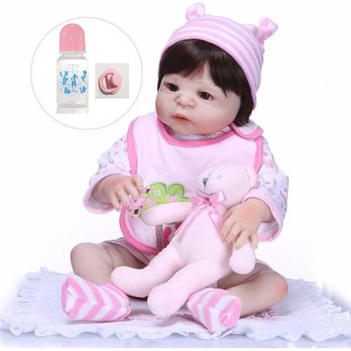57CM Non-toxic Silicone Reborn Baby Doll Girl Toys Lifelike Babies Boneca hard VInyl Dolls and cute pink bear toy Bebe Reborn