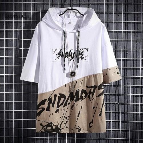2021 Hooded T-Shirt Mens Five-Point Sleeve Short-Sleeved Summer Loose T-Shirt Letter Stitching Trend Japanese Short-Sleeved Men