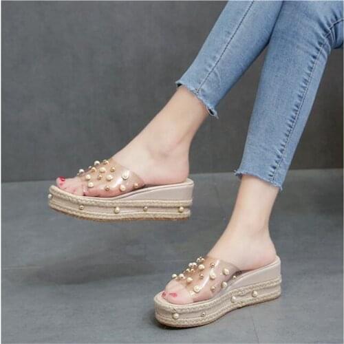 Platform Slippers Women Summer Mules Pearl Wedges Slippers for Women Beach Slippers with Heels Female Sandals Slides Ciabatte