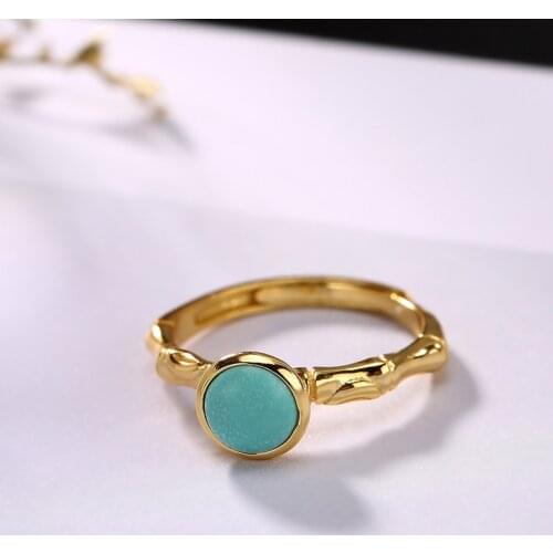 Natural 925 sterling silver gilded inlaid turquoise simple retro for women rings resizable sterling silver rings