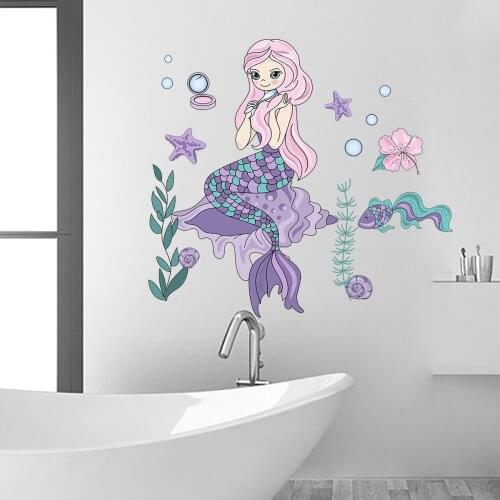 Cartoon Mermaid Art Wall Sticker for Girl Room Bedroom Decoration Bathroom Wallpaper Mural Nursery Decals Aesthetic Decor