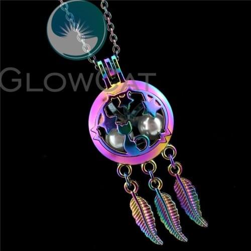 R-C764 Rainbow Color Cat Star Dream Catcher Beads Cage Pendant Perfume Diffuser Aromatherapy Pearl Cage Locket Necklace