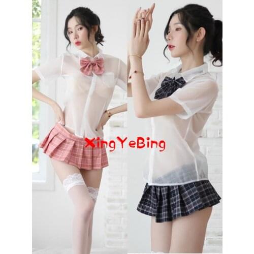 Sexy Lingerie Plaid Student Dress Sexy Perspective Bow Tie Shirt Plaid Pleated Skirt Sexy Student Dress