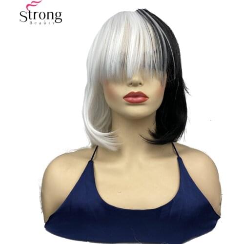 StrongBeauty Synthetic Wig Cosplay Half Black and White Medium Length Bob Wigs