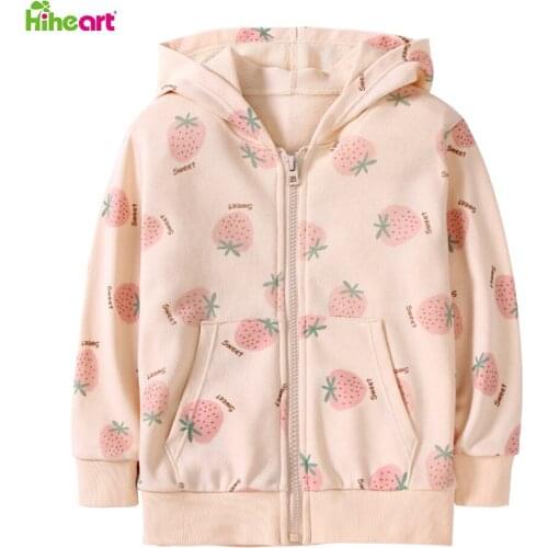 Hiheart Girls Hoodies Jacket Long Sleeve Strawberry Print Kids Sweatshirts Zip Up Childen Outerwear Spring Autumn
