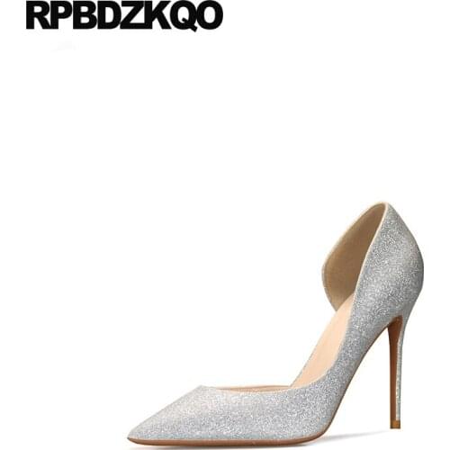 Pumps Women Dress Ultra Size 33 Super Glitter High Heels Shoes Thin Slip On Pointed Toe Extreme Silver 10 42 Plus Scarpin 8cm