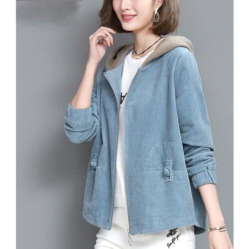 Corduroy Short Coat Women Clothing 2021 Spring New Fashion Middle-aged Mother Jacket Plus size Hooded Loose Long-sleeved Outwear