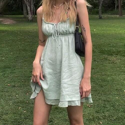 Y2K Fashion Drawstring Lace-up Ruffles Short Dresses 90s Streetwear Backless Strapled Milk Maid Dress Harajuku Green A-line 2021