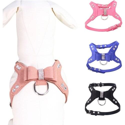 Suede Leather Dog Harness Leash Set Adjustable Rhinestone Puppy Pet Harnesses Leashes For Small Medium Dogs Cats