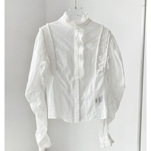 Woman Cotton Blouse pleated Neck Puff sleeve Fashion Short Top 2021 SS New