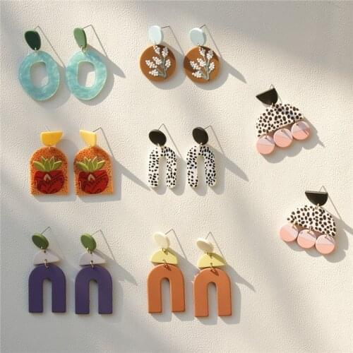 AOMU 2021 New Korea Colorful Acrylic Geometric Arched Round Flower Dots Pattern Long Dangle Drop Earrings for Women Jewelry Gift