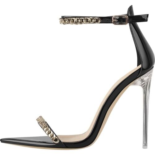 Richealnana Thin High Heels Sandals For Women Metal Chain Bordered Pointed Shoes Cover Heel Ankle Buckle Open Toe Patent Leather