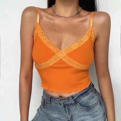 Y2K Lace Patchwork Cami E-girl Women Summer Spaghetti Straps Top Sleeveless Slim Fit Cropped Korean Style Harajuku Streetwear