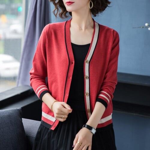 Striped Knitted Cardigans V-neck Fall Sweaters Long Sleeve Black Jumpers Womens Sweater Color Match Knitwear W027