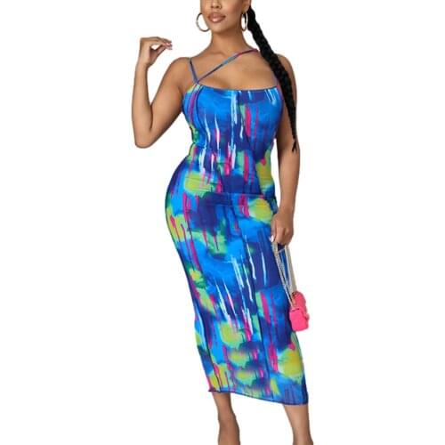 Womens Sexy Suspender Dress Fashion Printing Square Collar Backless Skinny Long Dress