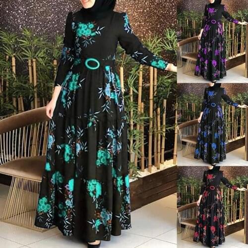 Women Long Sleeve Muslim Abaya Dress Ethnic Floral Print Belt Maxi Kaftan Robe Vintage dresses for women Muslim