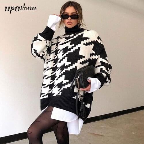 Free Shipping High Neck Houndstooth Sweater Dress Womens Winter Long Sleeve Oversized Knit Sweater Dress Christmas Party Dress