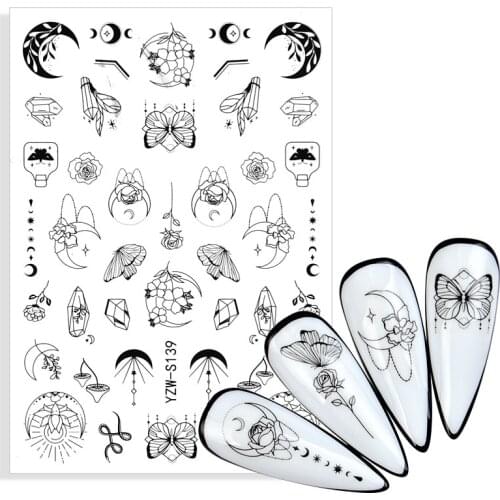 1 Sheet 2021 New Black Ink Painting Nail Water Sticker Mandala Theme Fruit Flower Alphabet Leaves Nail Art Decorations Decals