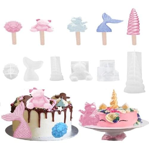 1Pc Mermaid Tail Unicorn Horn Shape 3D Silicone Resin Cake Mould Popsicle Mold DIY Birthday Party Cake Decor Kitchen Baking Tool