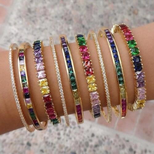 2021 Drop Shipping Elegant Square Rainbow Cz Cuff Bangle For Women Cute Girl Gold Color Multicolor Hot Fashion Delicate Bracelet