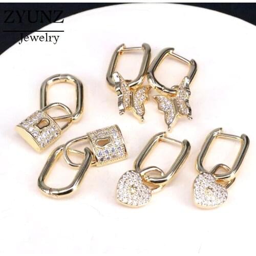 6 Pairs, Gold Color Heart Padlock Butterfly Dangle Earrings Jewelry Drop-Earrings Crystal Zircon CZ Elegant Jewelry Brincos