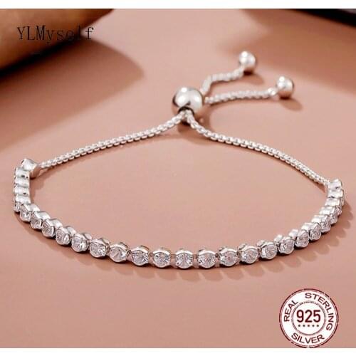 Elegant Real 925 Silver 10CM+14CM Adjustable Bracelet Chain 3mm Round Shiny Zircon Beautful Fine Jewelry Pack With Gift Box