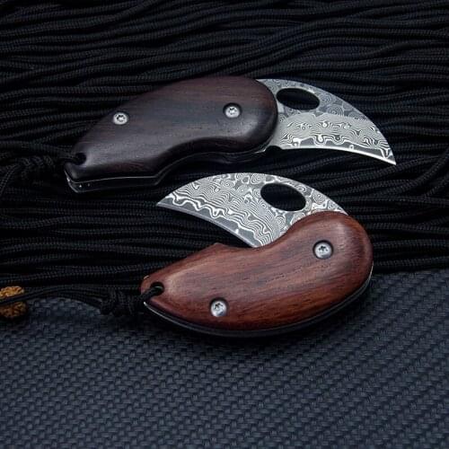 Acacia beans Damascus couple Folding Knife sandalwood Handle Camping Knife Small Portable Self-defense tool