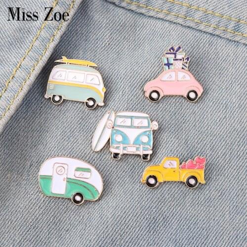 Vacation Travel Self-driving Tour Enamel Pins Cute Bus Car Bag Brooch Lapel Badge Cartoon Jewelry Gift for Kids Friends