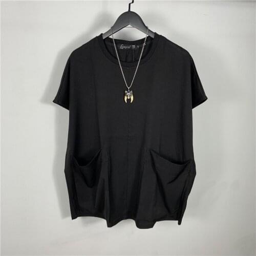 Mens summer new dark large round neck loose short sleeve Harajuku fashion brand large pocket straight T-shirt
