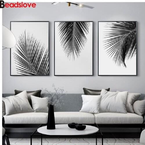 5d diy painting Nordic Minimalist Black and White Leaves art full square round drill diamond painting mosaic embroidery 3 pcs