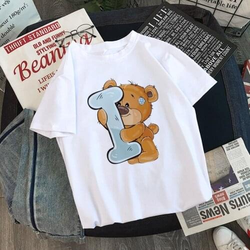 Kawaii Bear Letters Printing Ullzang Summer T-shirts Women Cute Cartoon Short Sleeve Casual Streetwear Tshirt Femem Clothes Tops
