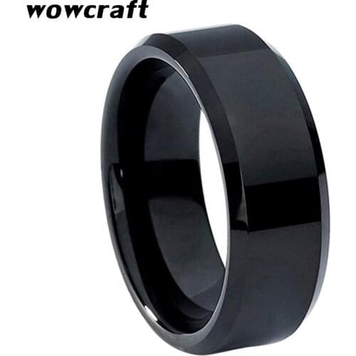 8mm Black Tungsten Carbide Ring Polished Shiny Men Wedding Bands with Beveled Edges US Size 5-15