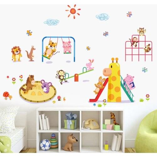 Cartoon Animals Wall Stickers For Kids Rooms Amusement Park Zoo Tiger Lion Monkey Rabbit Forest Art Wall Colorful Decal Decor