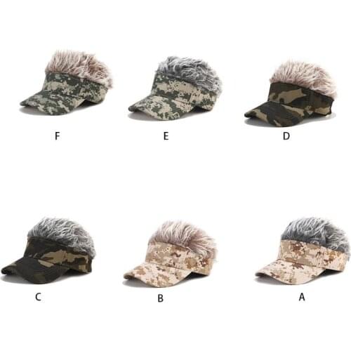 Mens Novelty Sun Visor Cap with Spiked Fake Hair Camouflage Print Adjustable Snapback Wig Baseball Hat Hip Hop Streetwear Gift