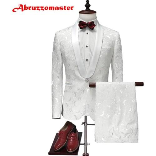 Abruzzomaster White Printed Men Suits White Dinner Tuxedos Shawl Lapel Groomsman Prom Party Wedding Suits